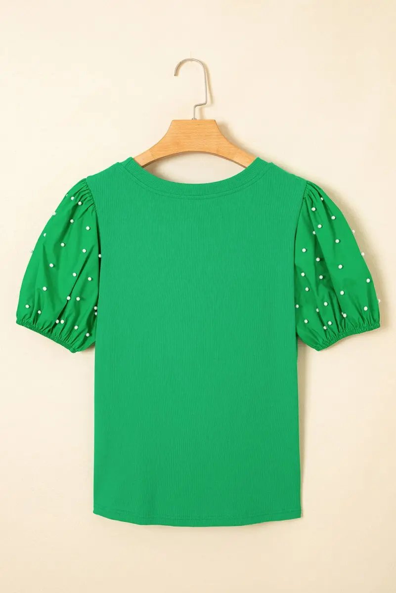 Bright Green Ribbed Pearl Beaded Puff Sleeve Top for Women - Love Salve